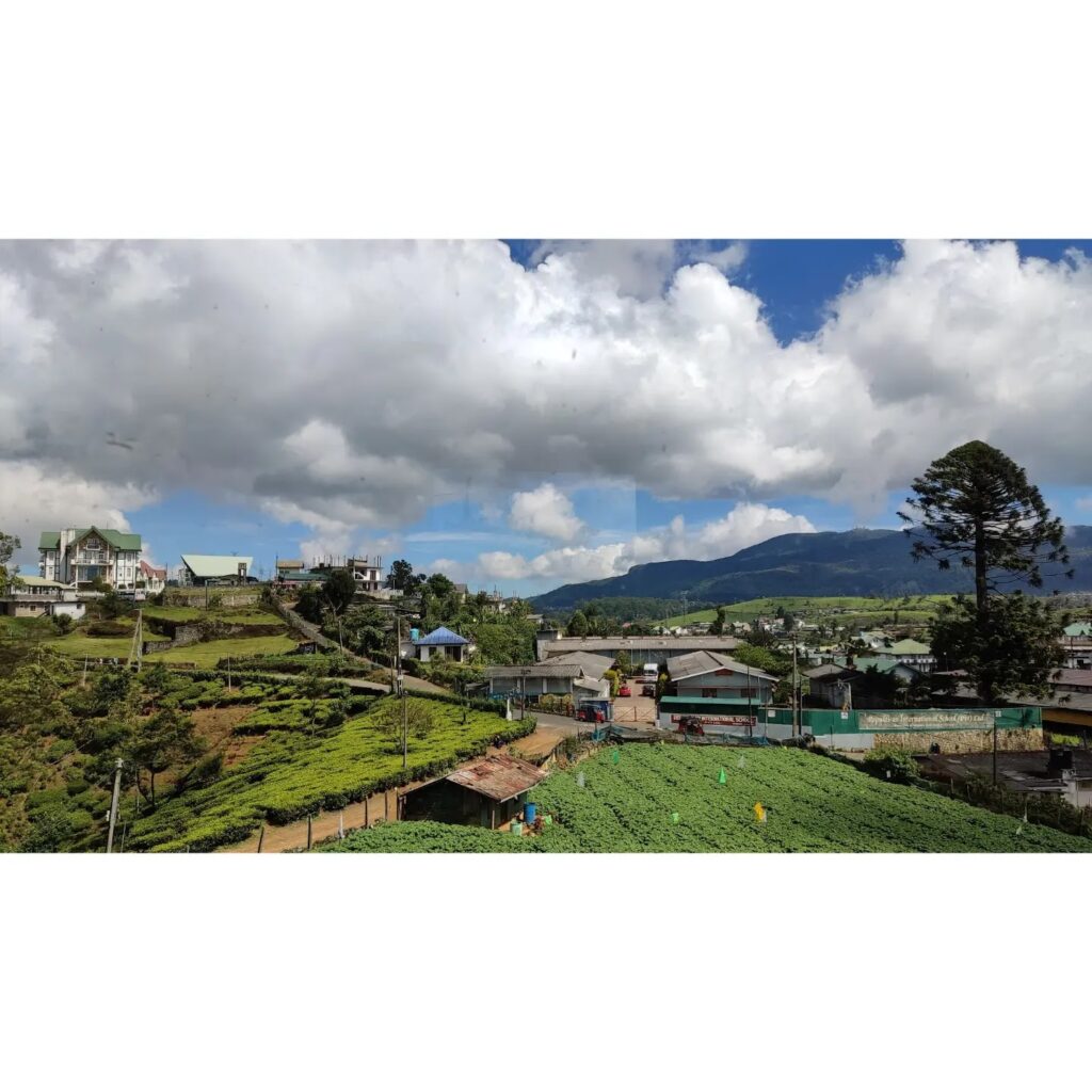 The white cotton clouds. The green land. The thatched roof. The blue sky. The view of beautiful Nuwara Eliya, Sri Lanka.